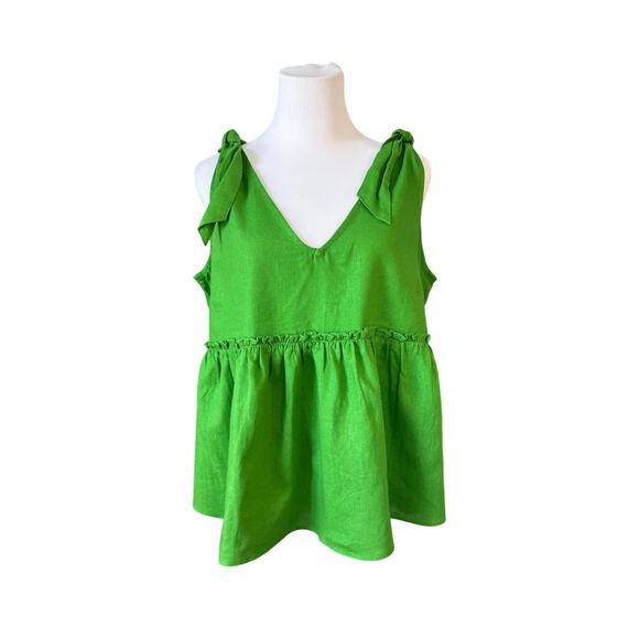 Who What Wear Linen Kelly Green High Waist Top Blouse LARGE Summer Flowy NWOT - Picture 1 of 12